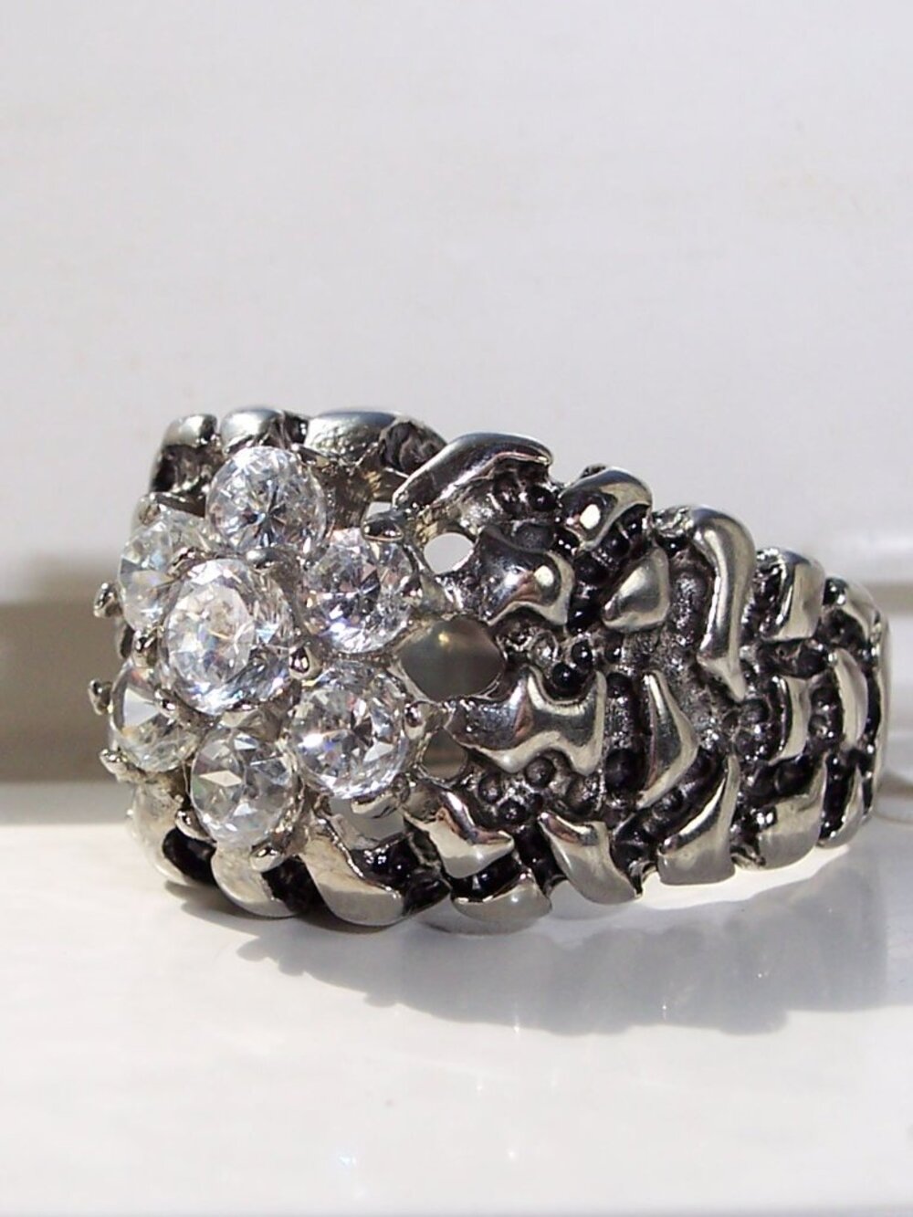 Men's Cubic Zirconia Nugget Ring 7 Stone Cluster Stainless Steel High Polished - Picture 2 of 15